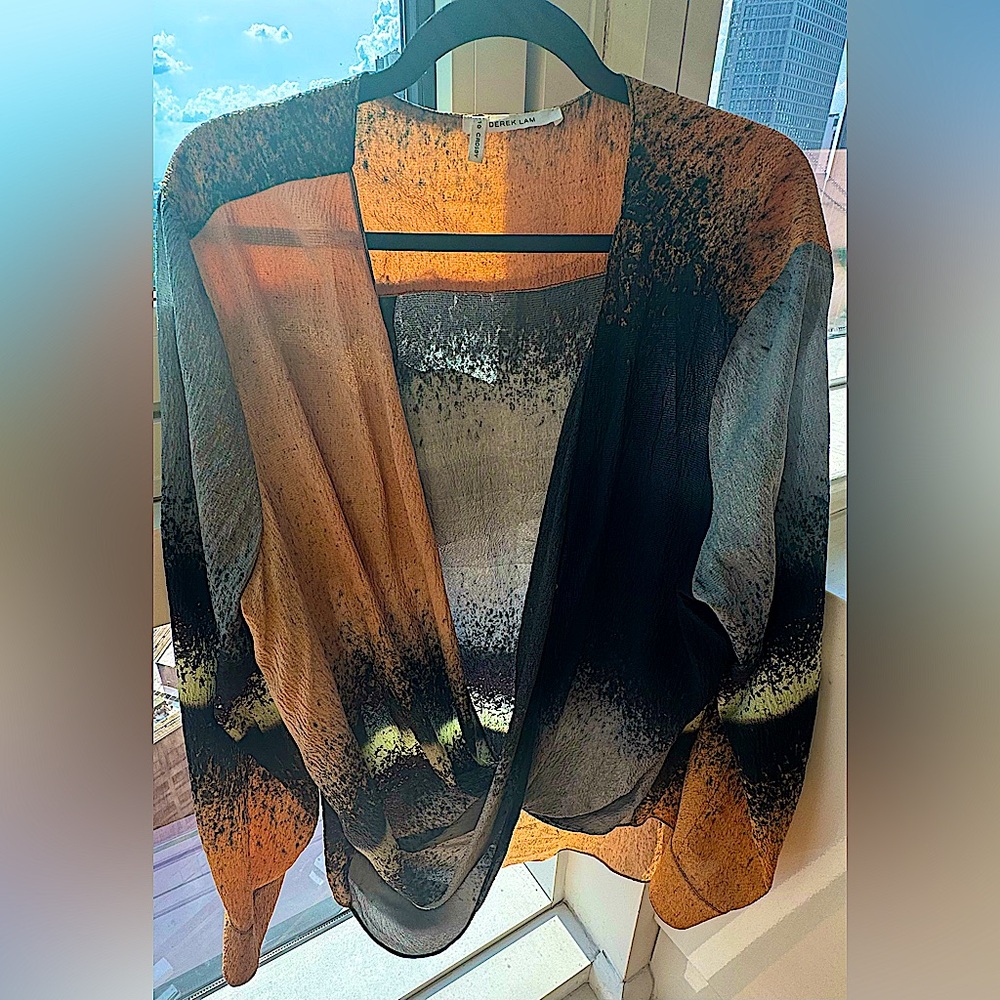 Derek Lam 10 Crosby Sheer Wrap Top in Orange, Black & Grey. Size 10